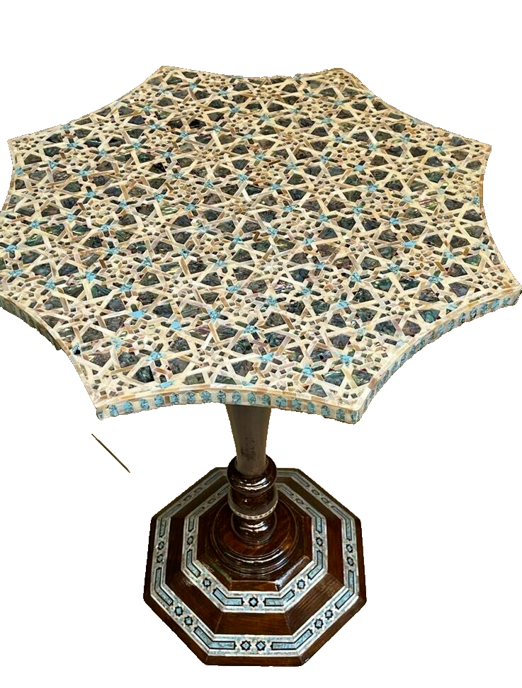 Handmade Wooden End Table Carving Wood Table Home Decor Mother of Pearl Inlay