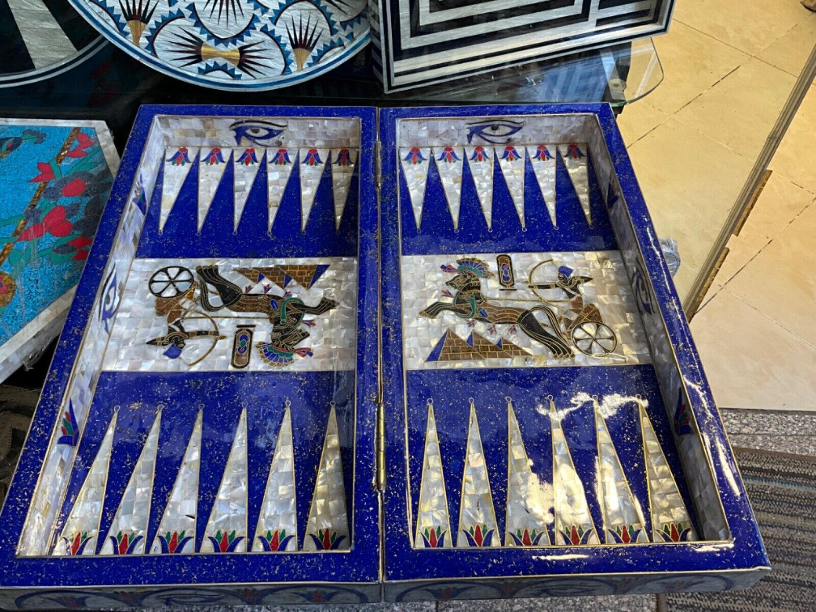 Handmade, Wooden Backgammon Board, Chess Board, Mother of Pearl, Gemstone Inlay