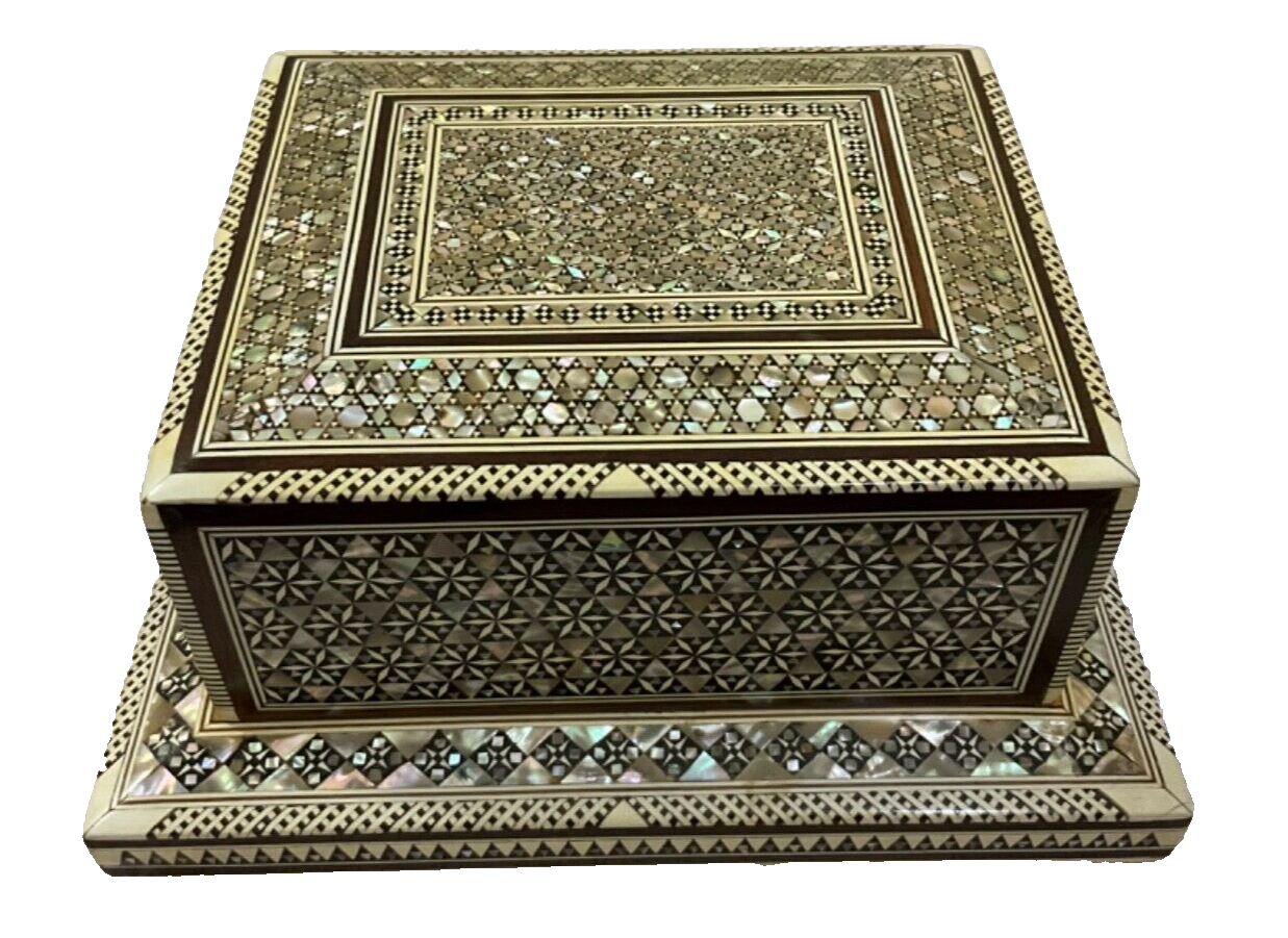 Handmade Antique Wood Cigarette Box Carved Mother Of Pearl Inlay (40 Cigarettes)