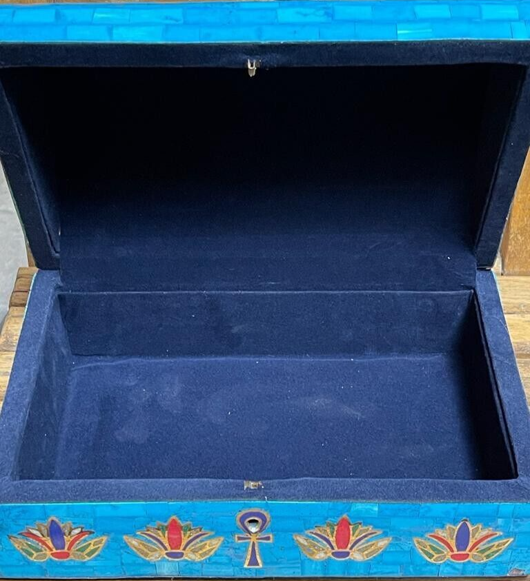 Handmade Antique Wood Jewelry Box, Gift Box, Wood Box, Inlaid Gemstones & Copper