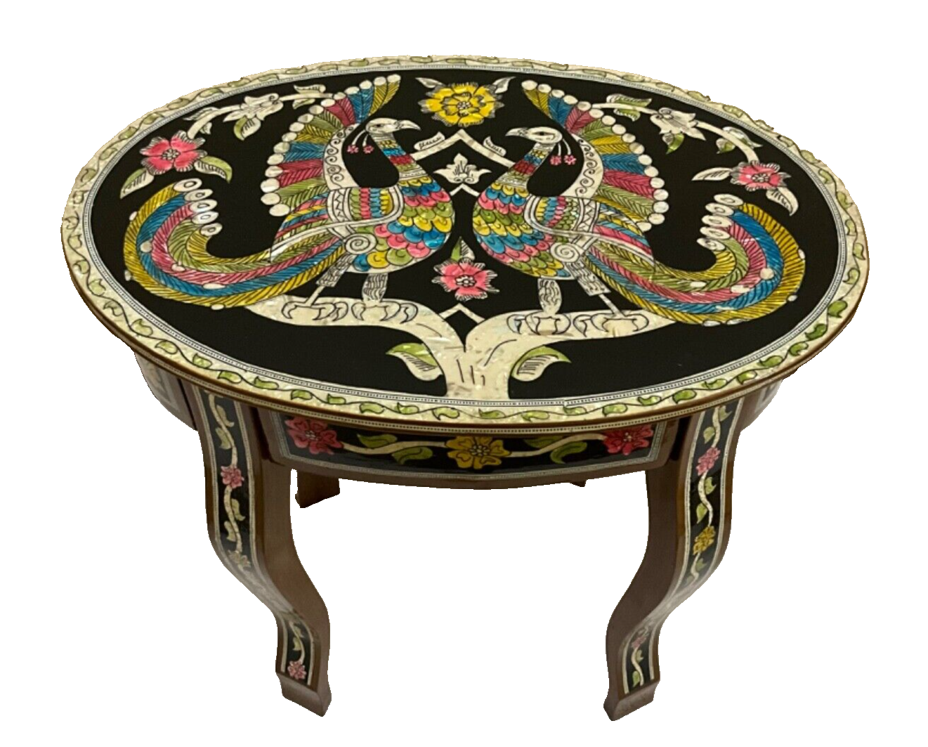 Handmade Wooden End Table Carving Wood Table Home Decor Mother of Pearl Inlay