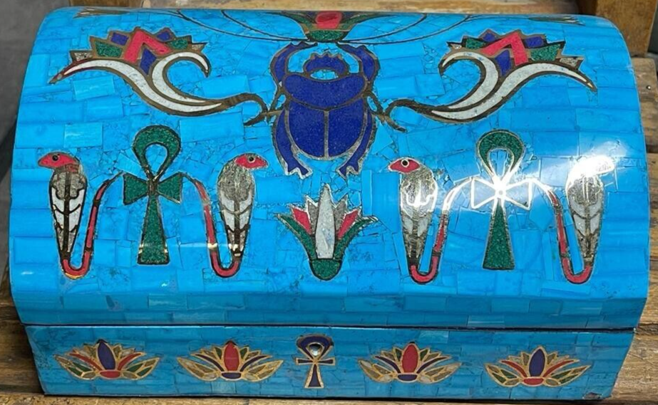 Handmade Antique Wood Jewelry Box, Gift Box, Wood Box, Inlaid Gemstones & Copper