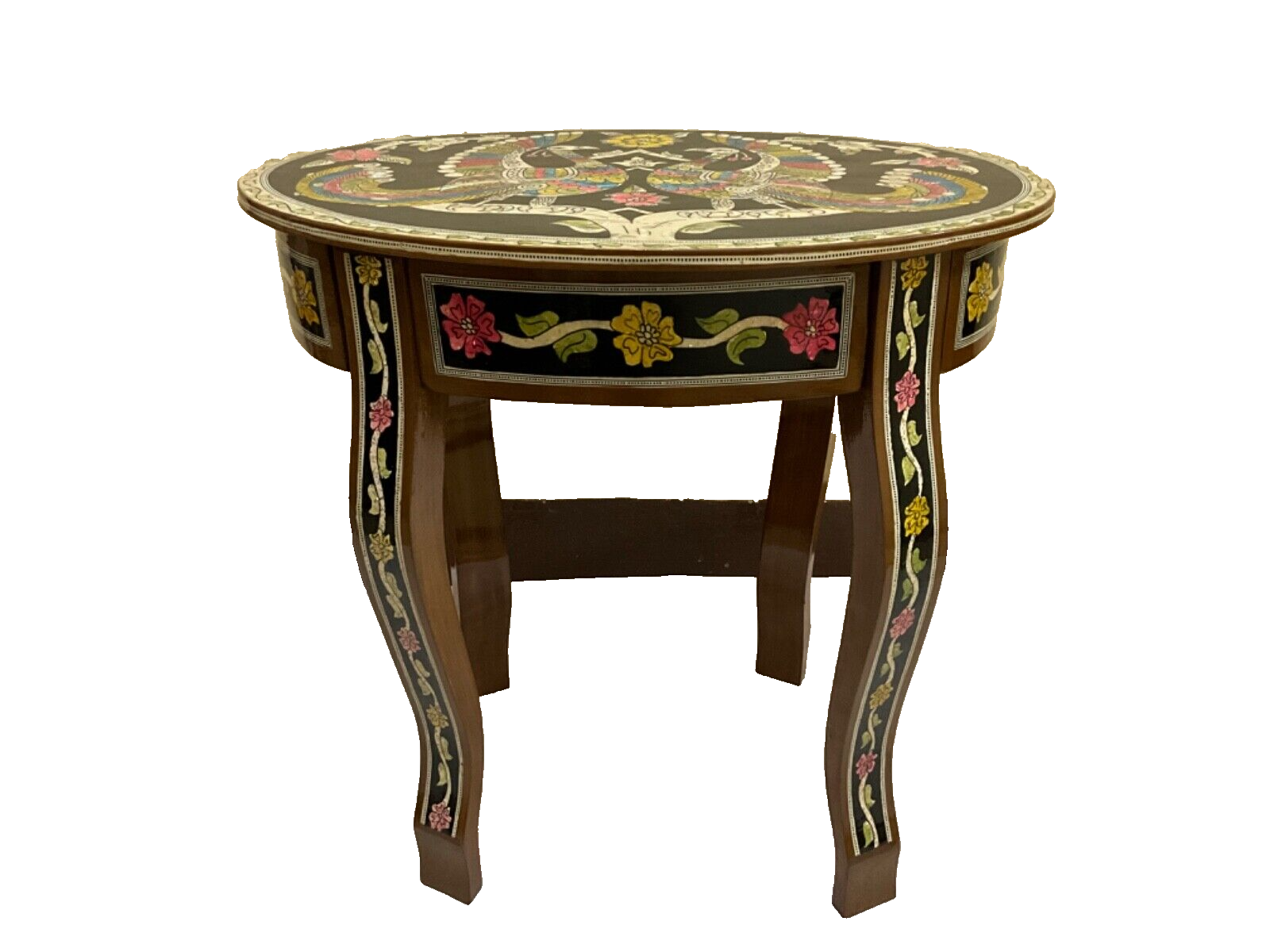 Handmade Wooden End Table Carving Wood Table Home Decor Mother of Pearl Inlay