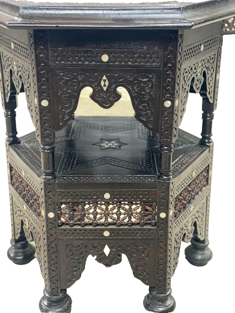 Handmade Wooden End Table Carving Wood Table Home Decor Mother of Pearl Inlay