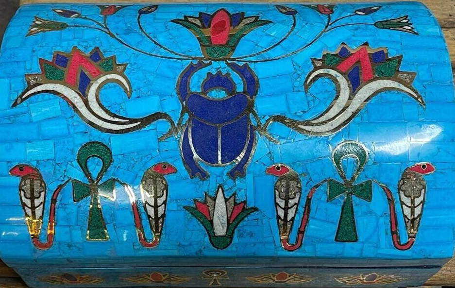 Handmade Antique Wood Jewelry Box, Gift Box, Wood Box, Inlaid Gemstones & Copper