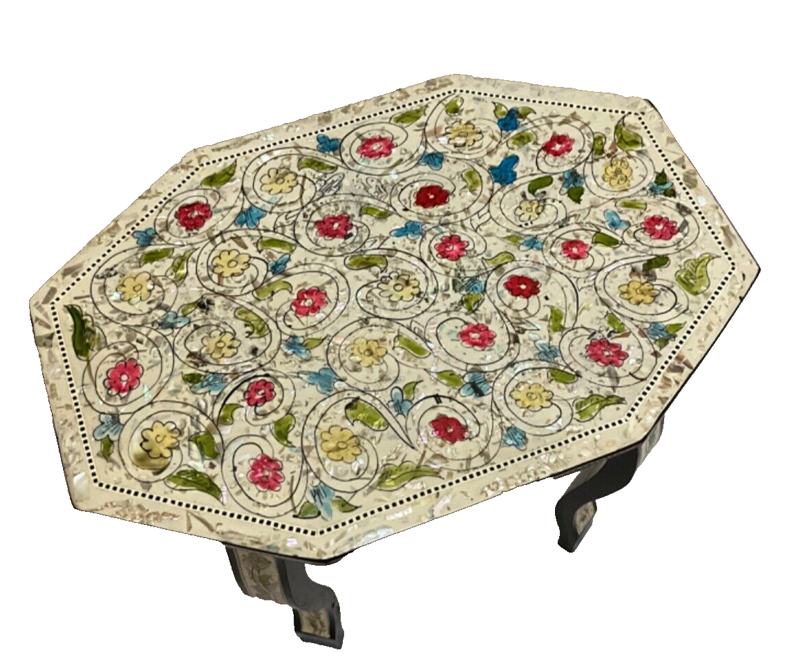Handmade Wooden End Table Carving Wood Table Home Decor Mother of Pearl Inlay
