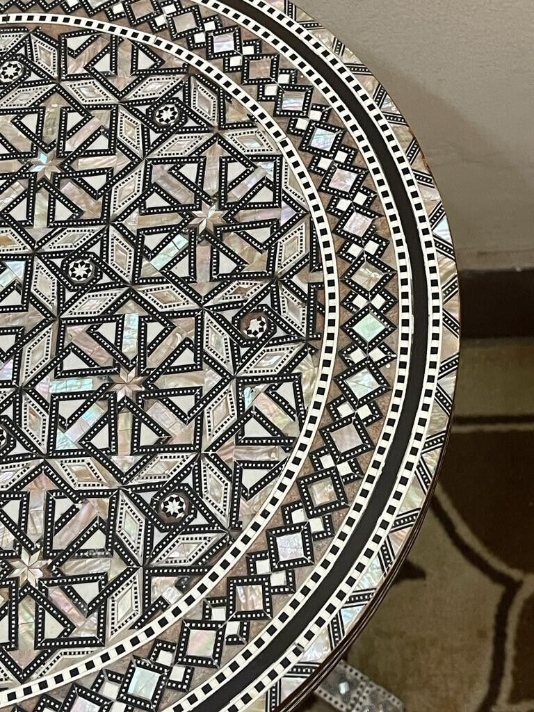 Handmade Wooden End Table Carving Wood Table Home Decor Mother of Pearl Inlay
