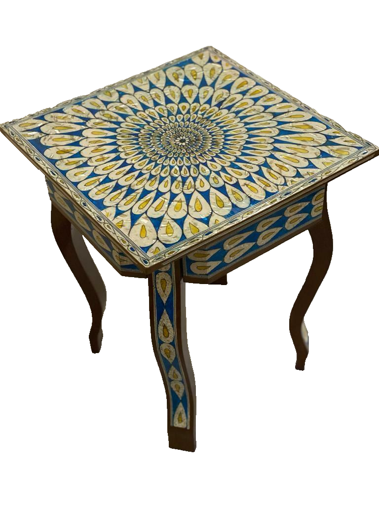 Handmade Wooden End Table Carving Wood Table Home Decor Mother of Pearl Inlay
