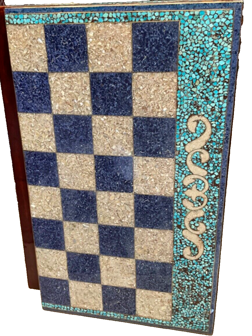 Handmade, Wood Backgammon Board, Wood Chess Board, Inlaid Pearl & Gemstones 20"