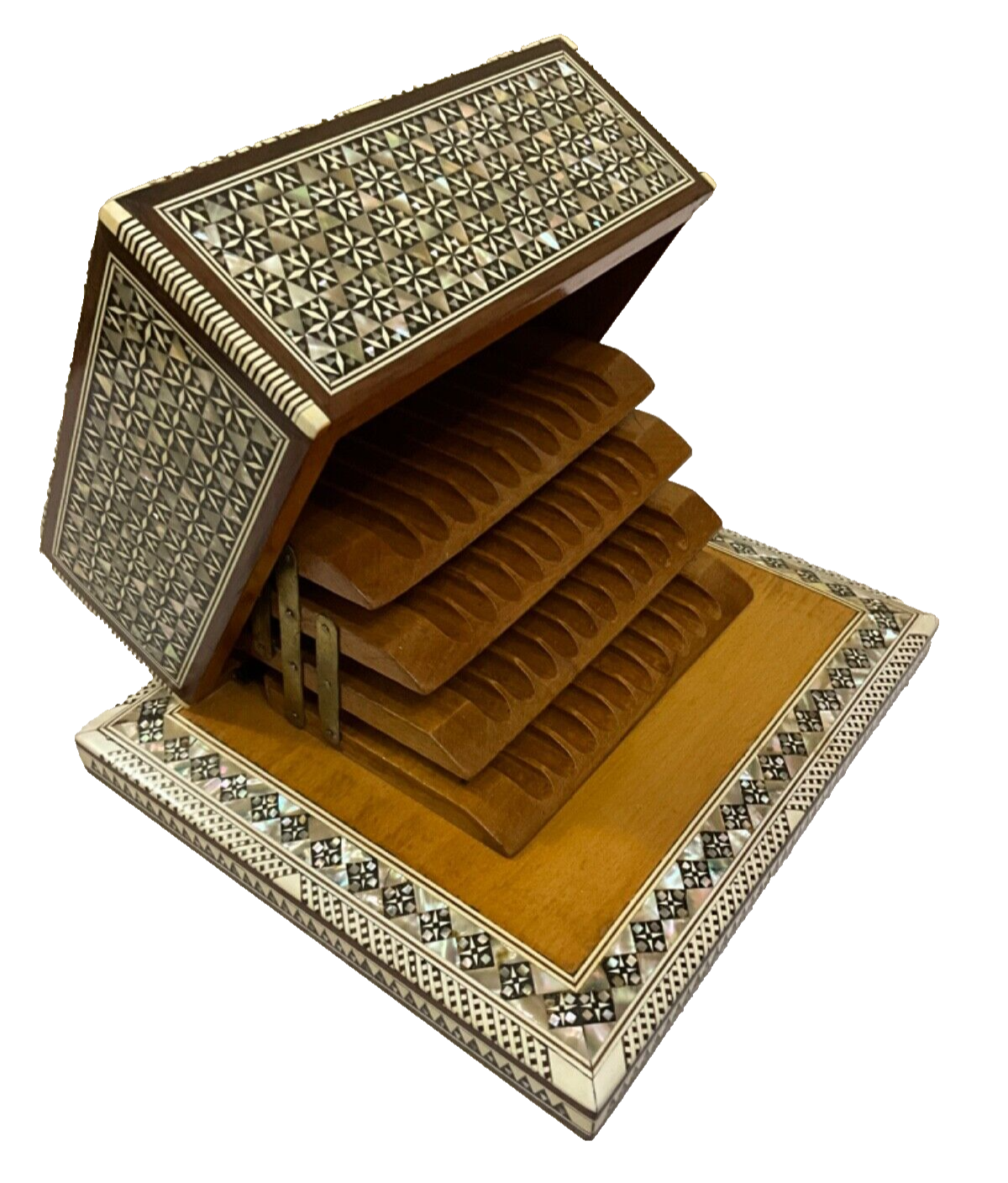 Handmade Antique Wood Cigarette Box Carved Mother Of Pearl Inlay (40 Cigarettes)