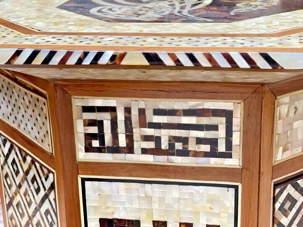 Handmade Wooden End Table Carving Wood Table Home Decor Mother of Pearl Inlay