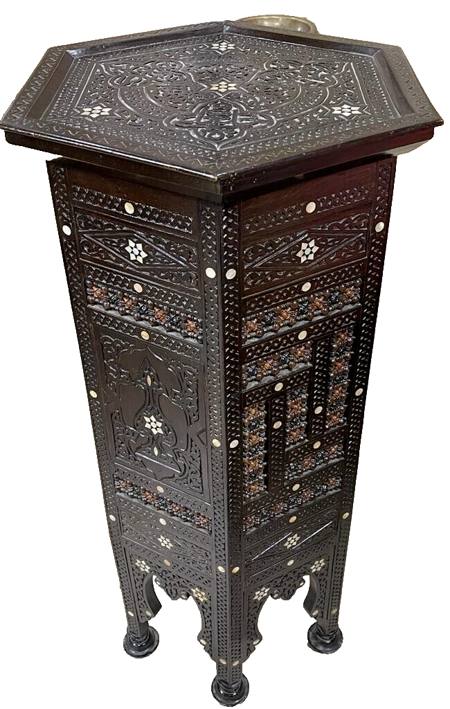 Handmade Wooden End Table Carving Wood Table Home Decor Mother of Pearl Inlay