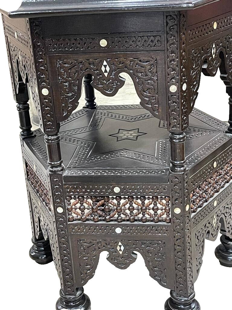 Handmade Wooden End Table Carving Wood Table Home Decor Mother of Pearl Inlay
