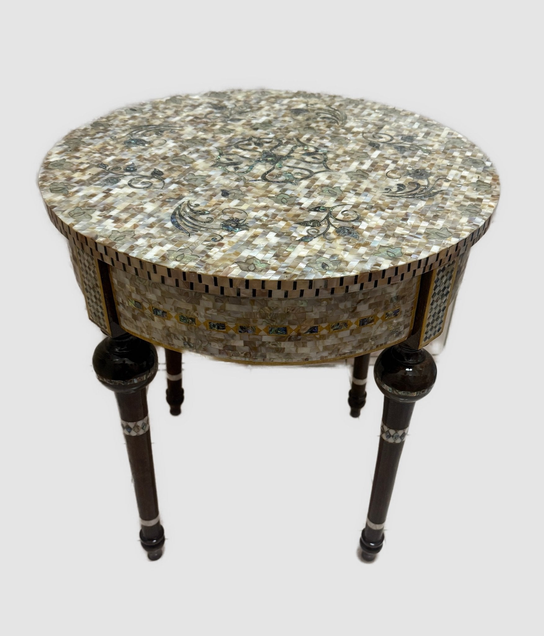 Handmade Mother of Pearl Inlay Round Side Table – 20.4” Wood Accent Table – Luxury Egyptian Artisan Furniture - Laila Hand Made Gifts