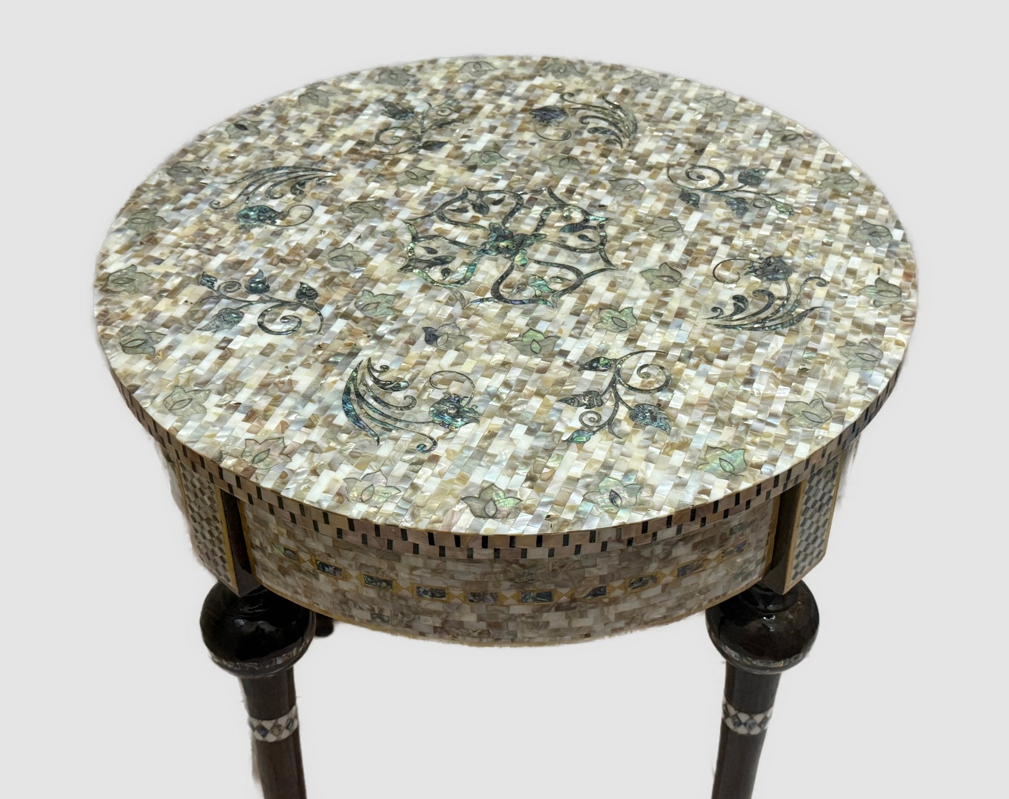 Handmade Mother of Pearl Inlay Round Side Table – 20.4” Wood Accent Table – Luxury Egyptian Artisan Furniture - Laila Hand Made Gifts