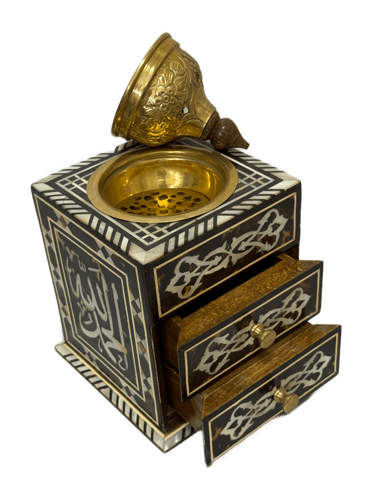 Handmade Wooden Incense Burner with Drawers & Brass Lid - Laila Hand Made Gifts