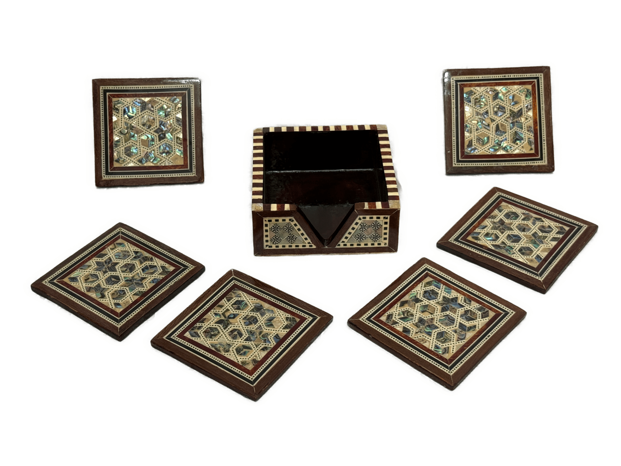 Handmade Mother of Pearl Coaster Set with Wooden Holder – Luxury Inlay Drink Coasters - Laila Hand Made Gifts