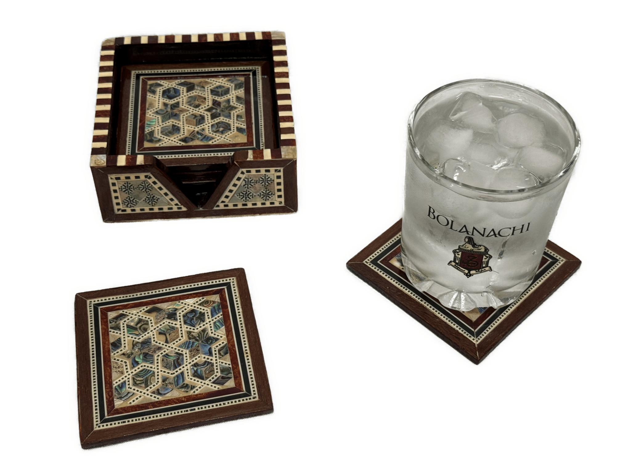 Handmade Mother of Pearl Coaster Set with Wooden Holder – Luxury Inlay Drink Coasters - Laila Hand Made Gifts