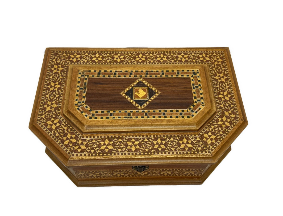 Handcrafted Wood Inlay Jewelry Box – Octagonal Marquetry - Laila Hand Made Gifts
