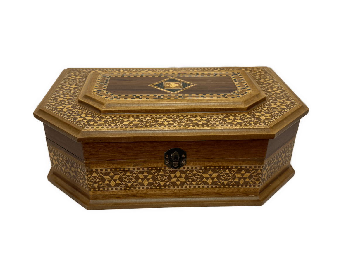 Handcrafted Wood Inlay Jewelry Box – Octagonal Marquetry - Laila Hand Made Gifts