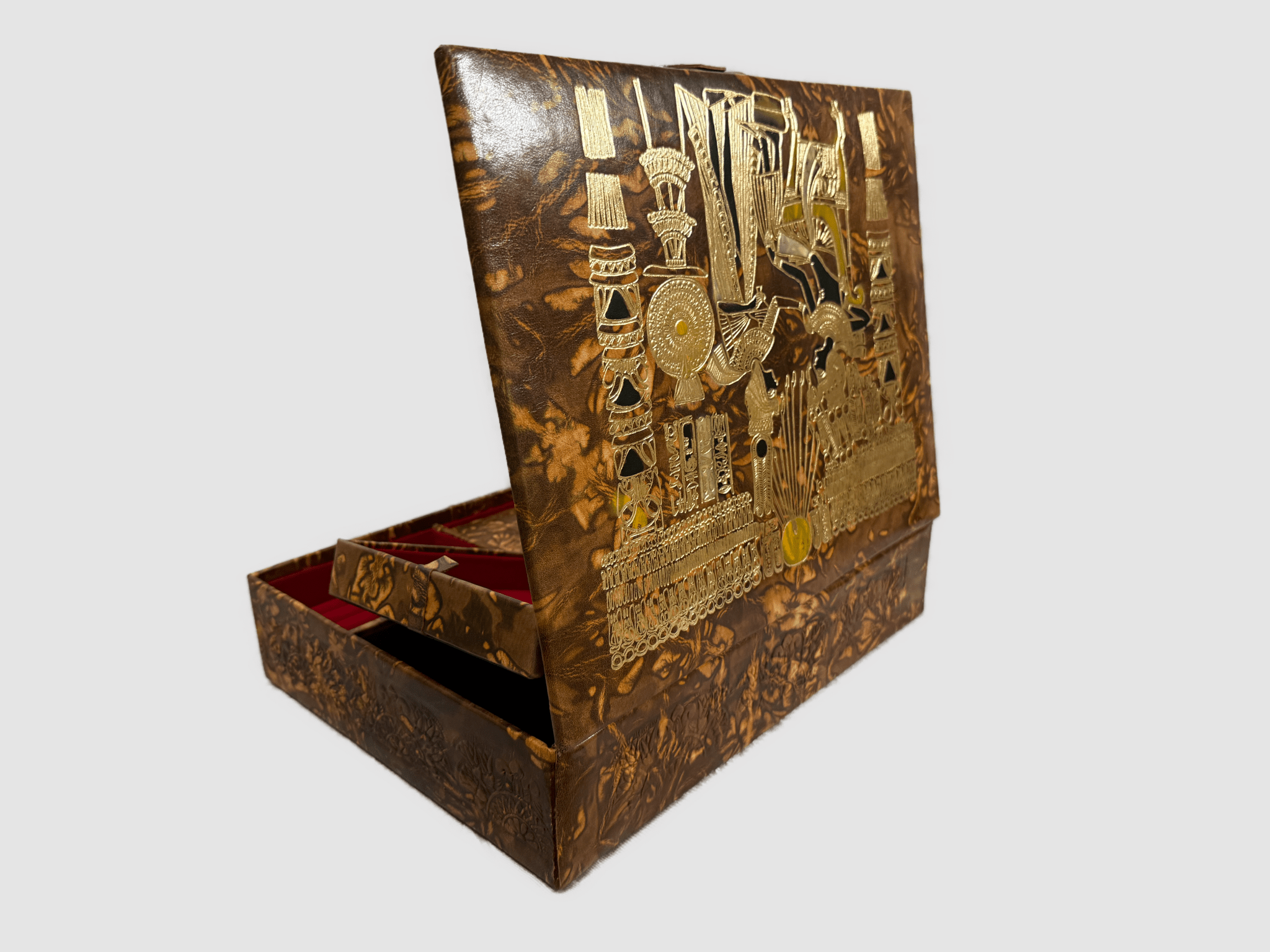 Handmade Genuine Leather Jewelry Box – Gold Embossed Pharaoh Design, Luxury Trinket Storage Box - Laila Hand Made Gifts