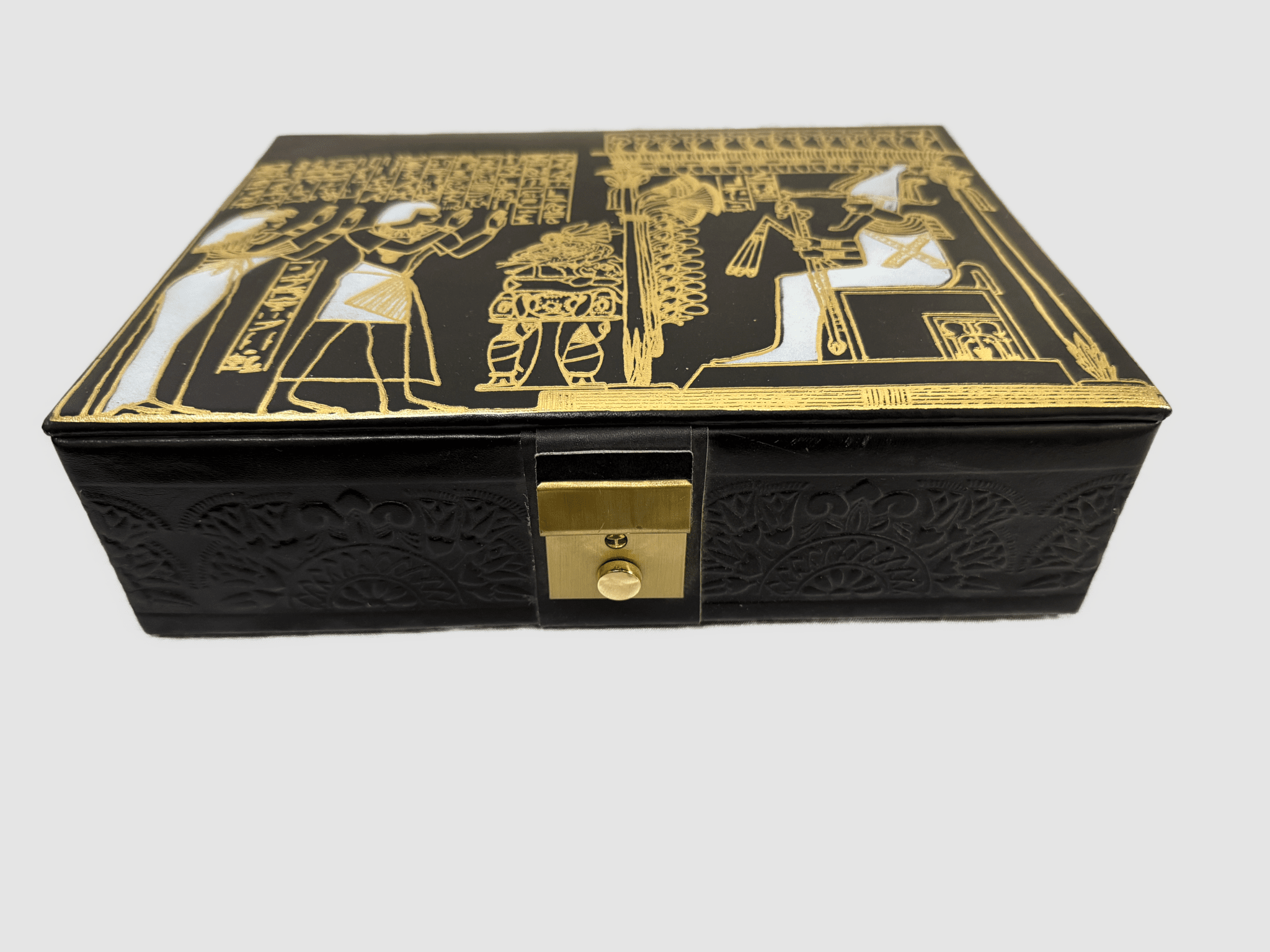 Handmade Genuine Leather Jewelry Box – Gold Embossed Pharaoh Design, Luxury Trinket Storage Box - Laila Hand Made Gifts