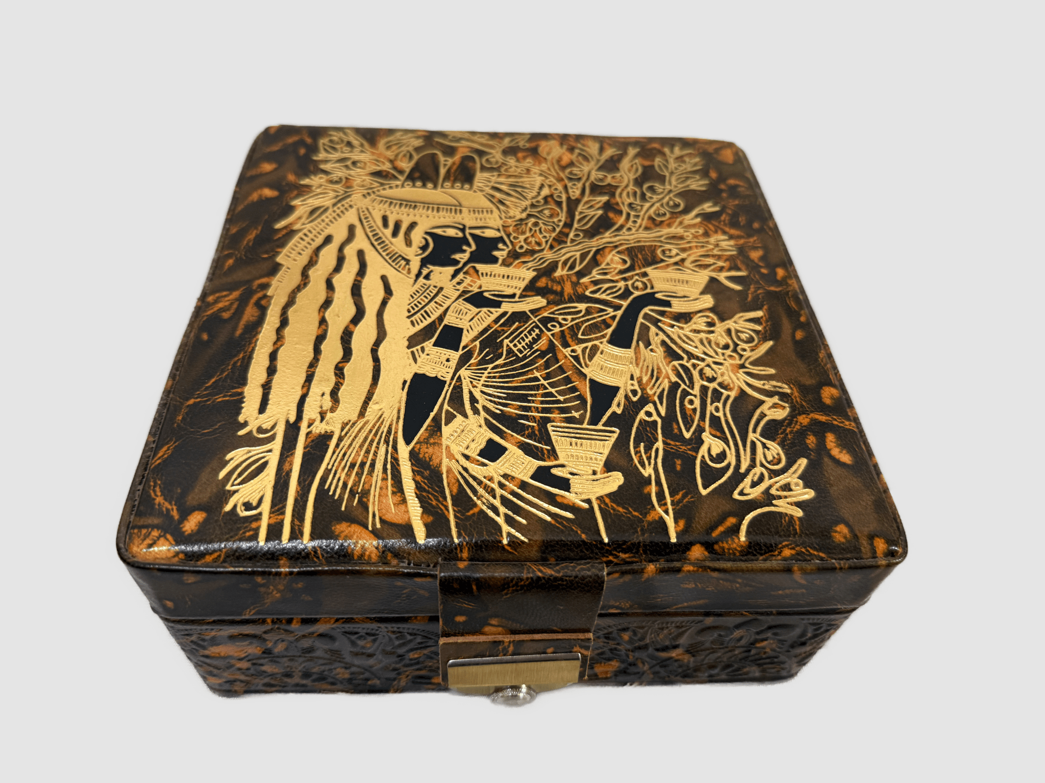 Handmade Genuine Leather Jewelry Box – Gold Embossed Pharaoh Design - Laila Hand Made Gifts