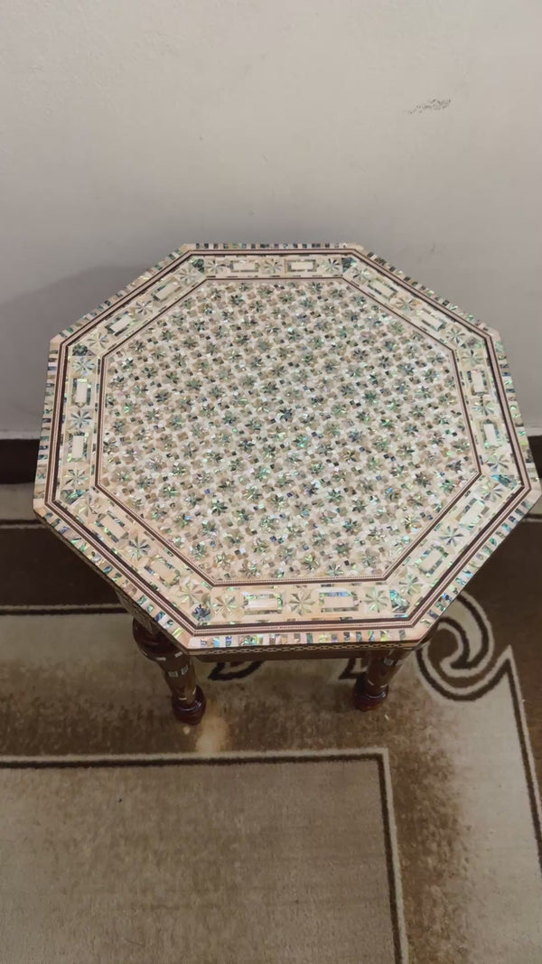 Handmade Wooden End Table Carving Wood Table Home Decor Mother of Pearl Inlay