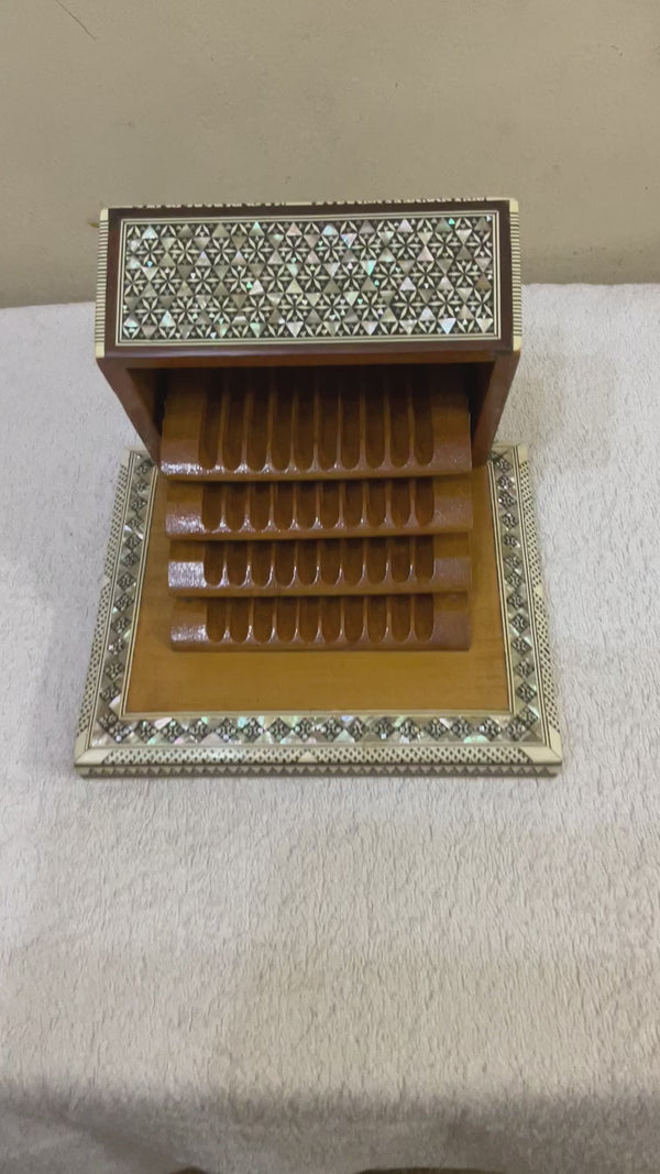 Handmade Antique Wood Cigarette Box Carved Mother Of Pearl Inlay (40 Cigarettes)