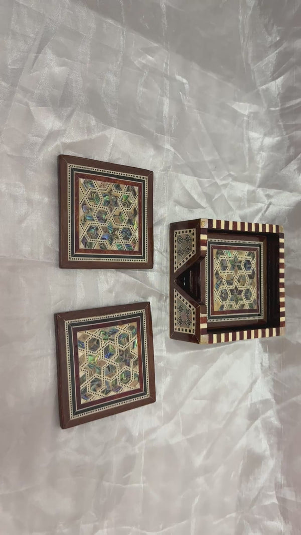 Handmade Mother of Pearl Coaster Set with Wooden Holder – Luxury Inlay Drink Coasters