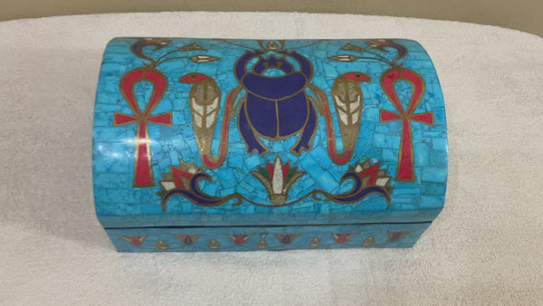 Handmade Antique Wood Jewelry Box, Gift Box, Wood Box, Inlaid Gemstones & Copper