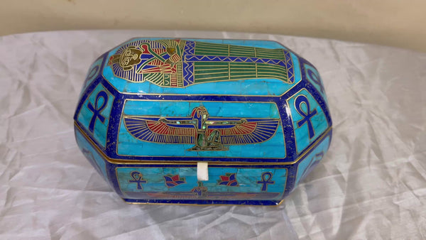 Handmade Egyptian Wooden Jewelry Box with Copper & Gemstone Inlay