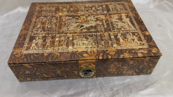 Handmade Genuine Leather Jewelry Box – Gold Embossed Pharaoh Design, Luxury Trinket Storage Box