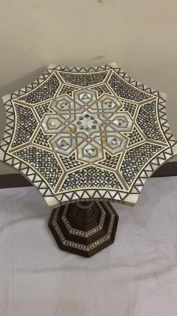 Handmade Wooden End Table Carving Wood Table Home Decor Mother of Pearl Inlay