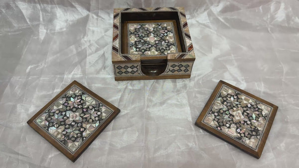 Handmade Mother of Pearl Wooden Coaster Set with Storage Box