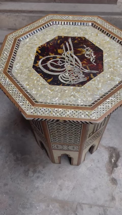 Handmade Wooden End Table Carving Wood Table Home Decor Mother of Pearl Inlay