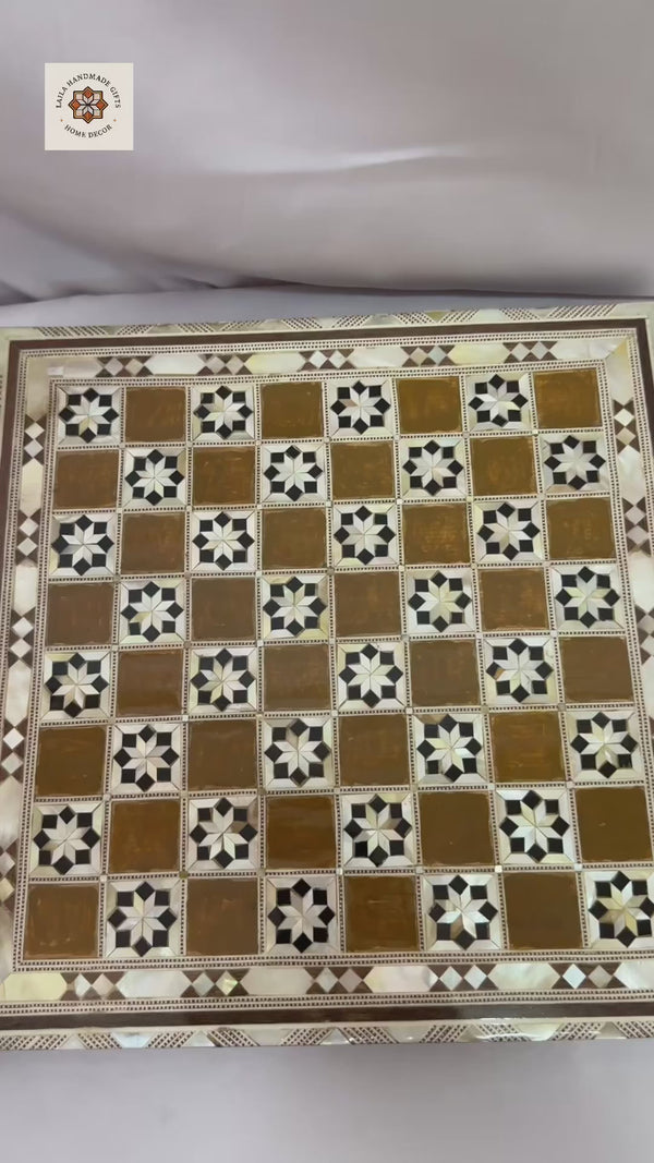 Handmade Wooden Chess Board with Mother of Pearl Inlay