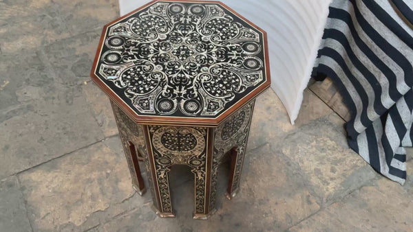 Handmade Wooden End Table Carving Wood Table Home Decor Mother of Pearl Inlay