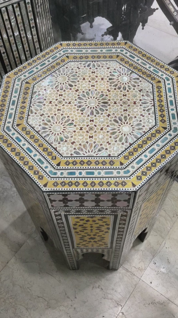 Handmade Wooden End Table Carving Wood Table Home Decor Mother of Pearl Inlay