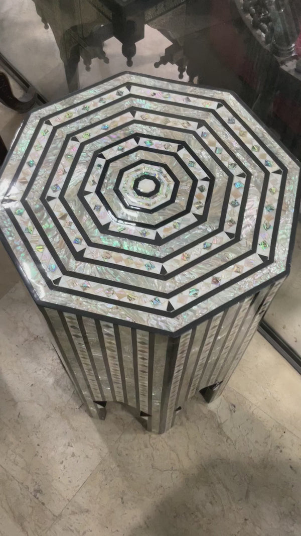 Handmade Wooden End Table Carving Wood Table Home Decor Mother of Pearl Inlay