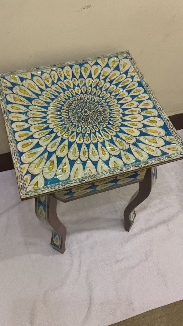 Handmade Wooden End Table Carving Wood Table Home Decor Mother of Pearl Inlay