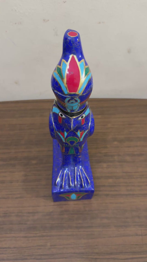 Handmade Egyptian Horus Falcon Statue Inlaid with Lapis Lazuli, Turquoise & Malachite – 12” Ancient Egyptian Art