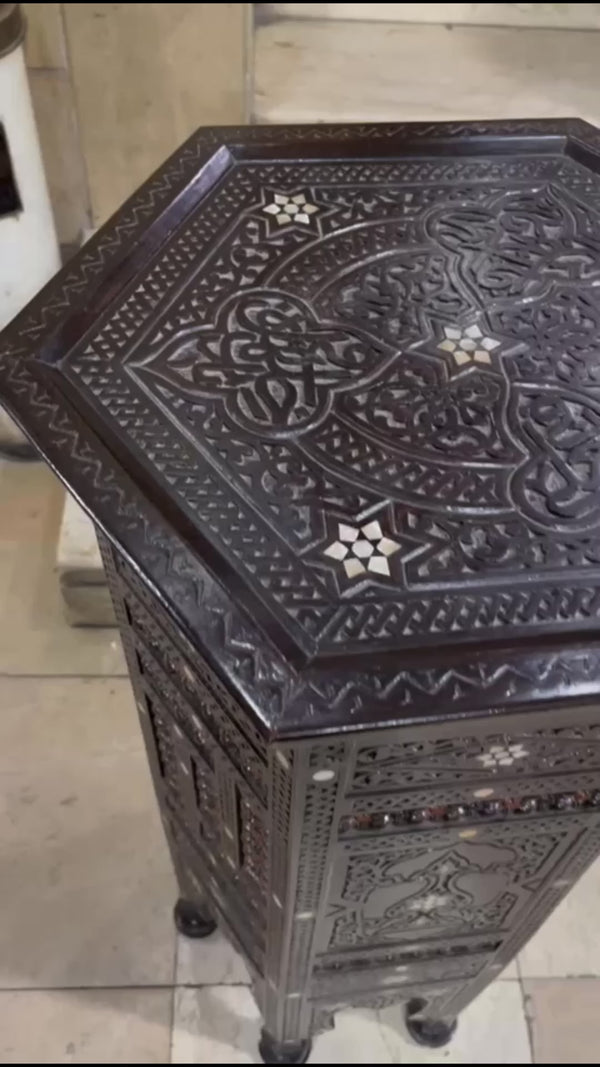 Handmade Wooden End Table Carving Wood Table Home Decor Mother of Pearl Inlay