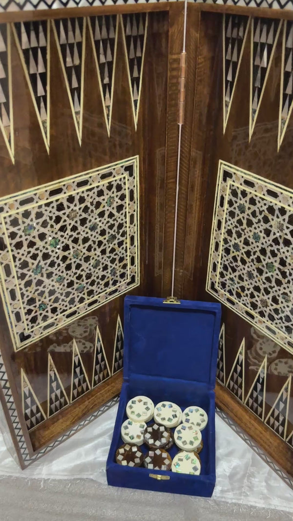 Handmade Mother of Pearl Backgammon & Chess Board 21” Wooden Game Set