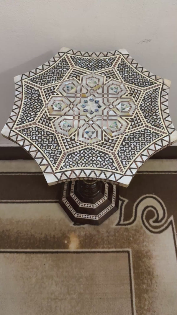 Handmade End Table Carving Wooden Table Home Decor Mother of Pearl Inlay