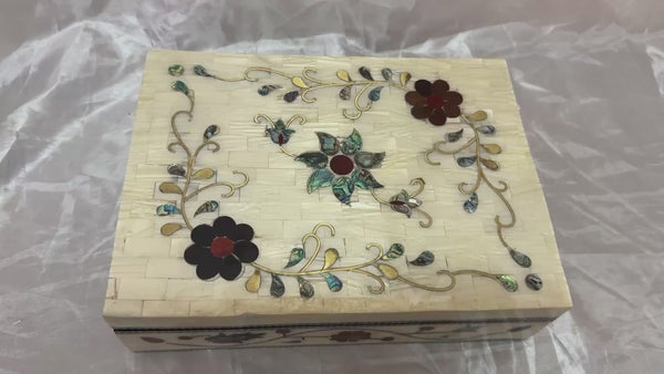 Handmade Mother of Pearl Jewelry Box Floral Inlay Wood Case