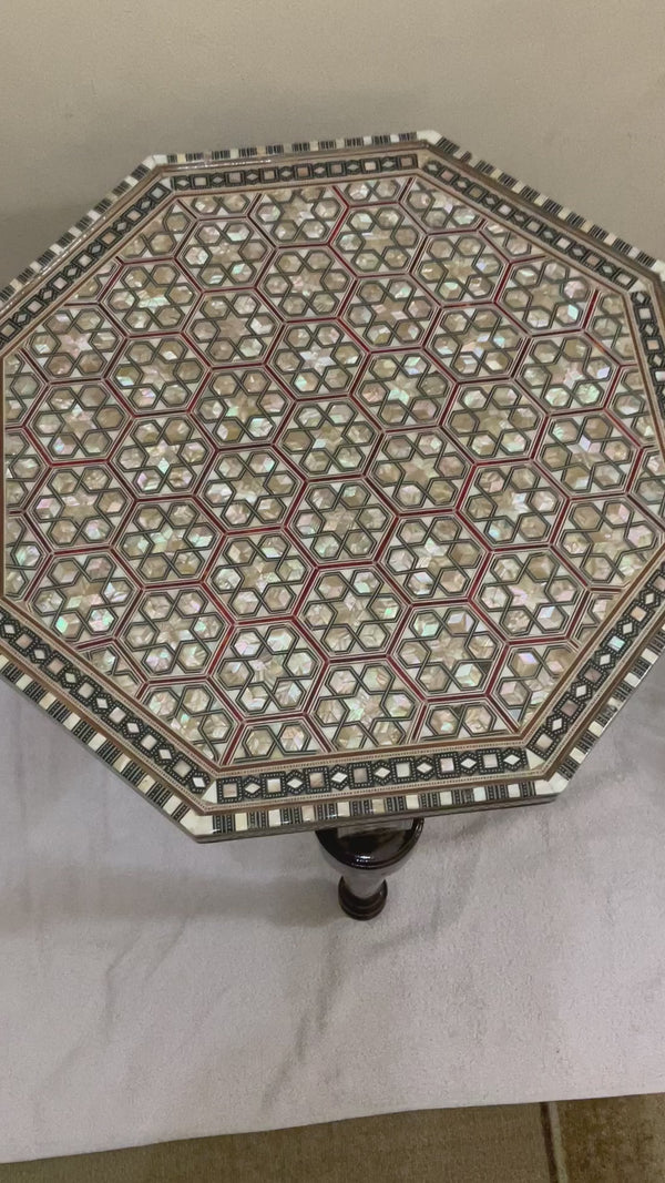 Handmade Wooden End Table Carving Wood Table Home Decor Mother of Pearl Inlay